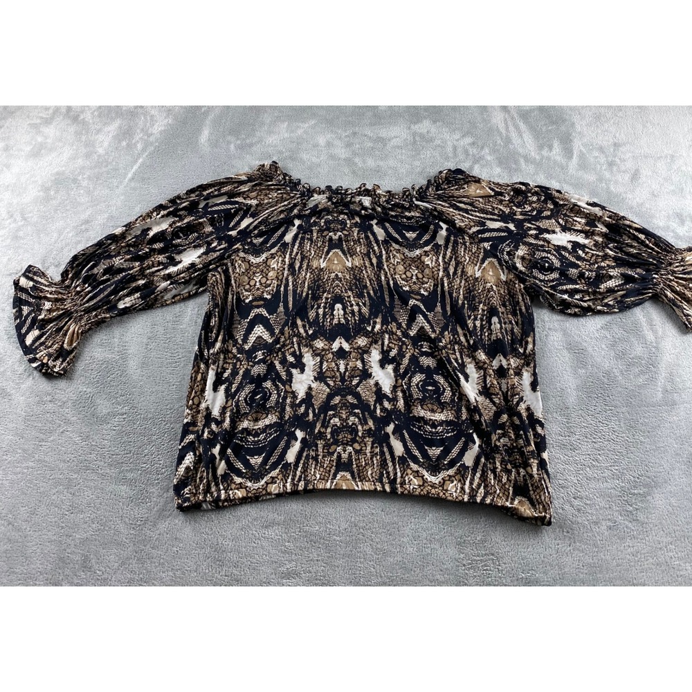 Worthington Woman Stretch Snakeskin Print Ruffle Tie Neck Blouse Plus 1X Brown - Picture 12 of 13